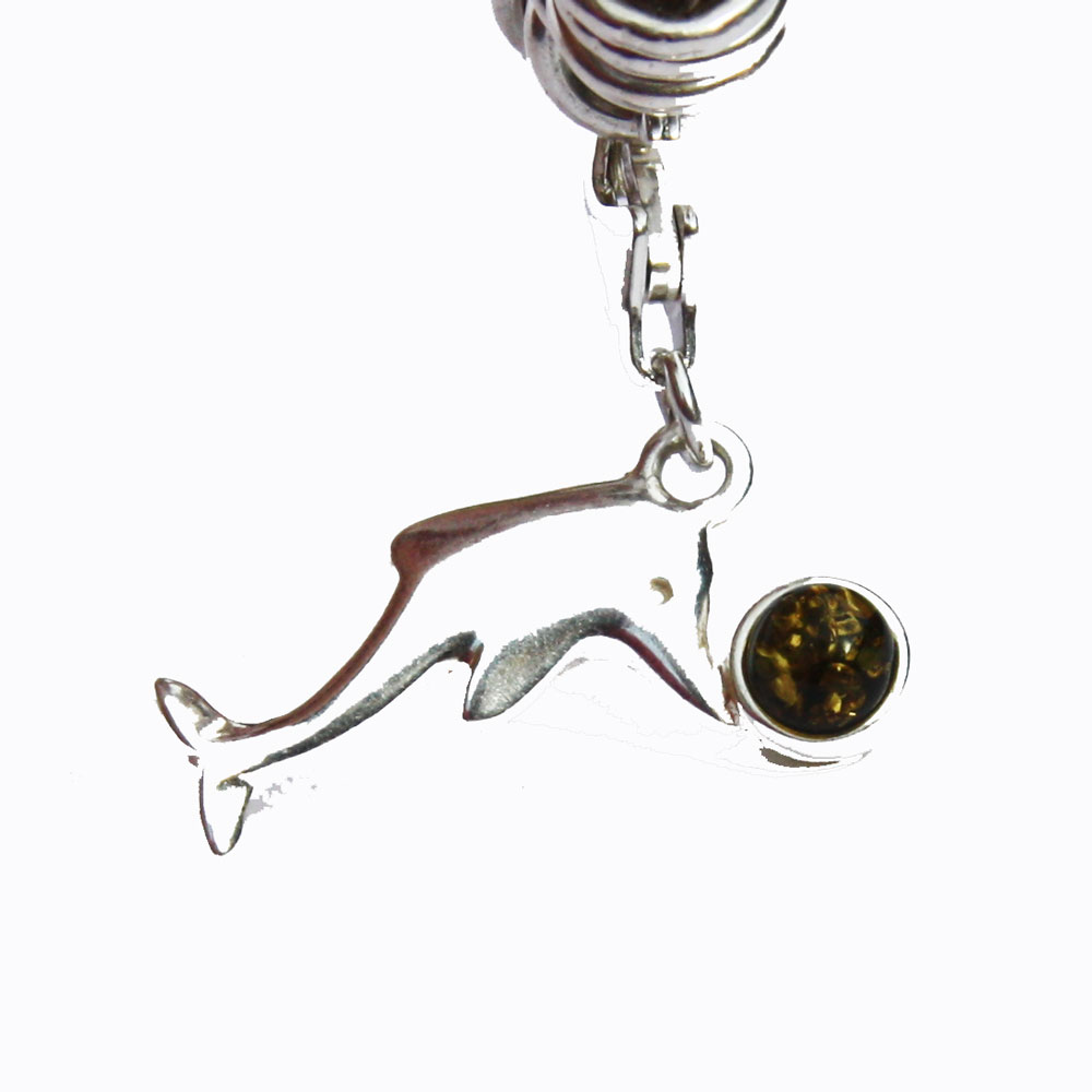 Silver Green Amber Charm - Dolphin