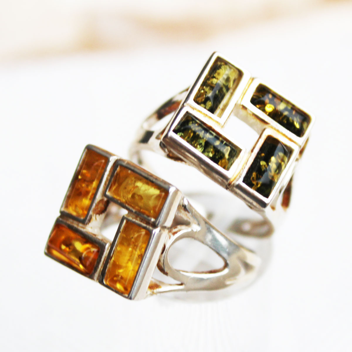Silver Green Amber Ring 138