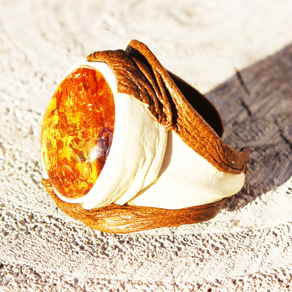 Baltic Amber - Leather Ring 15