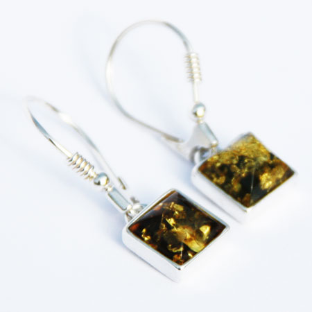 Green Amber Square Dangly Earrings