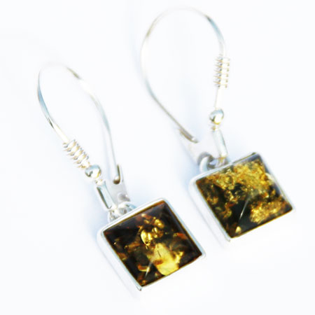 Green Amber Square Dangly Earrings