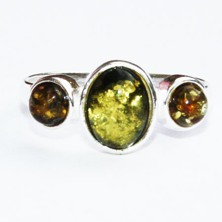 Green Amber Silver Ring 65 