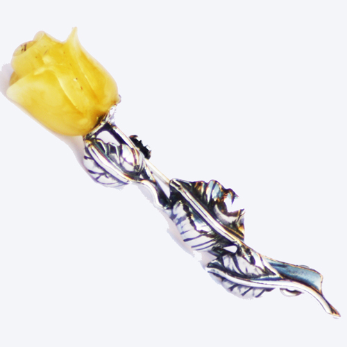 Amber Silver Brooch White Rose