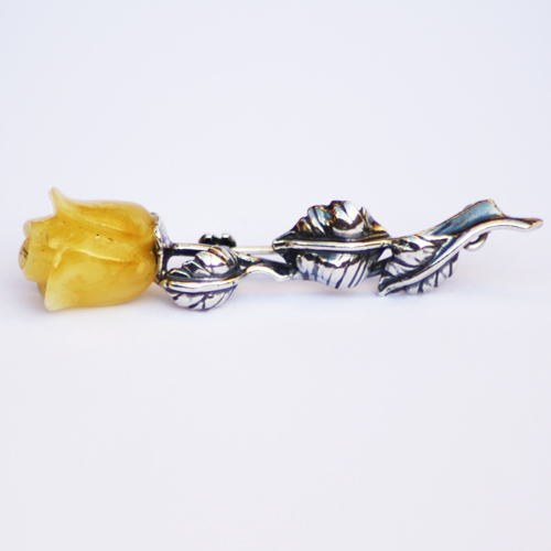 Amber Silver Brooch White Rose
