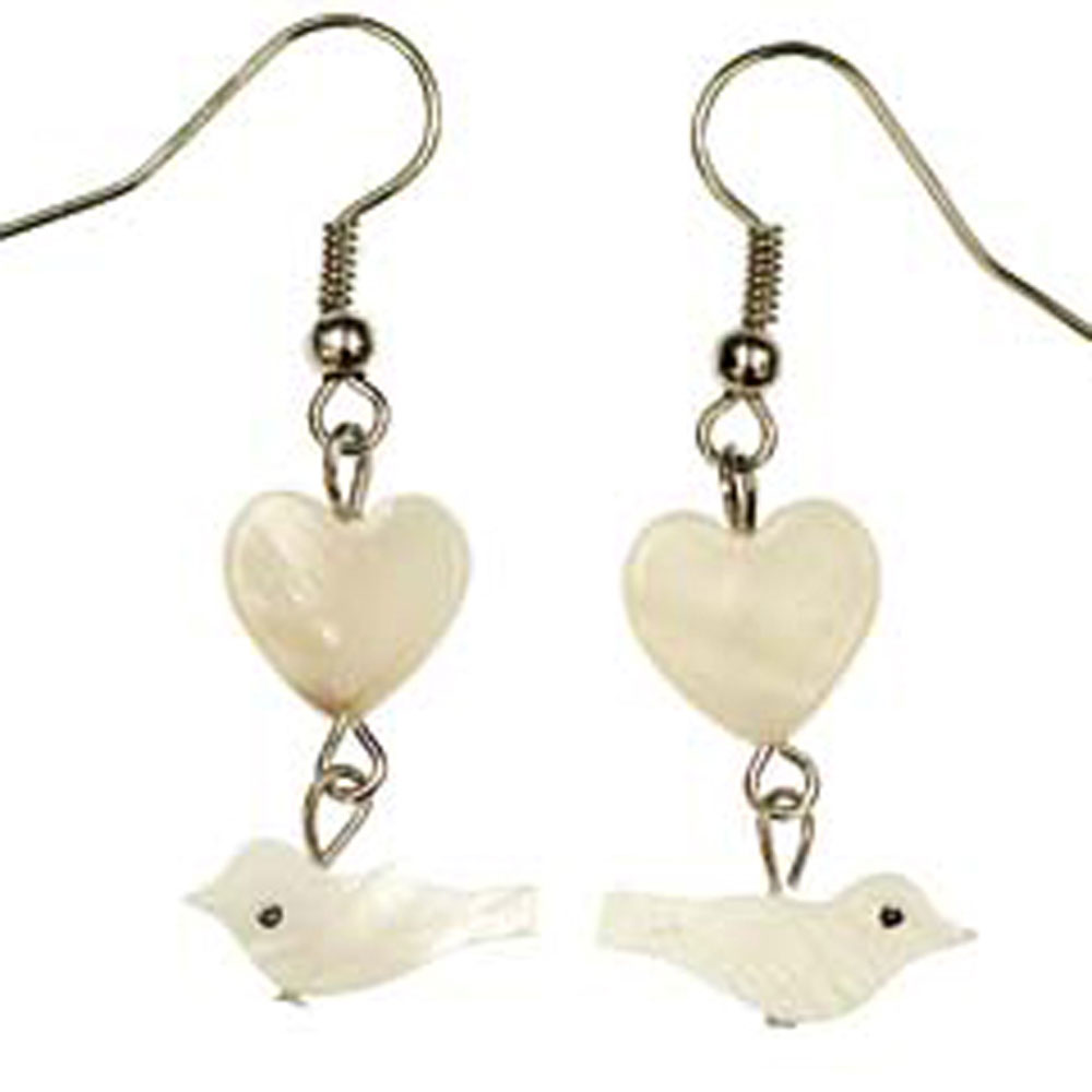White Heart and Bird Earrings